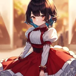 Clear focus, High resolution, Rough line, cute, cartoon style, white short hair, fluff cut, long locks, spiky hair, wearing a white long sleeve skirt, wearing a red skirt and a white line, red lines on shirt, puffy sleeves on the top