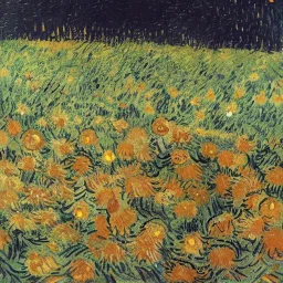 Portrait of kittens in a field of flowers at night by Van Gogh