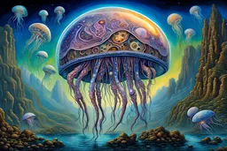 .bones. A jellyfish Cosmic robot .Fantasy, perfect anatomy, fantasy, vibrant digital art professional award winning masterpiece, oil on canvas Atmospheric extremely detailed Josephine Wall