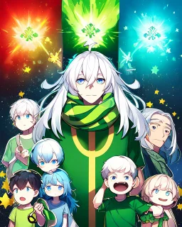 Young boy aged 14, determined, has short white hair, wears a green t-shirt with yellow stripes, wears a scarf with the colors of the rainbow, He is sad but looks ahead with a determined look, has light blue eyes, stars behind the character, and a colorful aura.