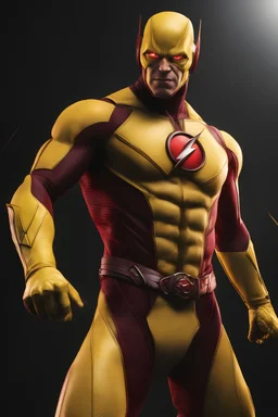 the Reverse Flash with yellow Flash suit, red boots, red belt, red wrist gauntlets, reversed red and black chest logo, extremely exaggerated muscular stature, posing for the cameras, Professional Quality 35mm Photograph, 4k UHD, hyper-realistic, Photorealistic, extremely detailed, High resolution