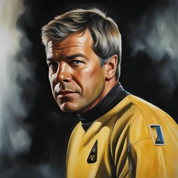 Captain James T. Kirk, Facial Portrait, dark, multicolored watercolor stained wall in the background, oil painting in the art style of Boris Vallejo, 32k UHD, Hyper realistic, photorealistic, realistic, sharp, highly detailed, professional quality, beautiful, awesome, majestic, superb, trending on artstation