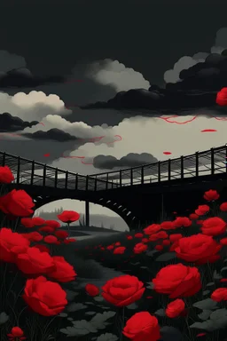 an illustration of a bridge with a field with red flowers cloudy in dark aesthetic