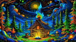 a neon psychedelic cabin all alone in the vast wilderness. smoke coming from the chimney. mushrooms scattered all around the cabin! rare animals around and a gorgeous neon sky. millions of tiny stars in the night sky. a cozy warm feeling. Gnomes, bears, owls, fox.neon streaks across the nebulous sky. a campfire surrounded by mushrooms and Fairys. fireflies all around glowing.