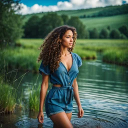 upper body closeup of very beautiful girl walks in water in country side , curly hair ,next to small clean water river,pretty clouds in blue sky