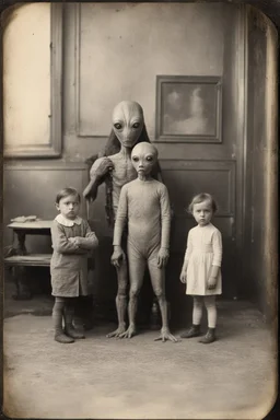 1900's black and white vintage photo, interior, alien human hybrid small creature with a family that is sad, captured on square format film, grainy, aged