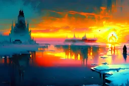 Ice, winter, city, frozen lagoon, sunset, sci-fi, epic, lesser ury painting