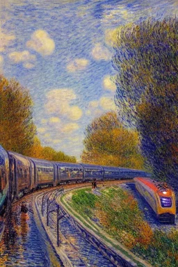 cyberpunk, technopunk, steampunk, Impressionist landscape, Impressionist painting, Alfred Sisley, Pierre-August Renoir, Claude Monet, Robert Hagan, textured paint, luminism, hyperrealism, fine art, train on a train track