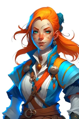 young female dnd air genasi pirate cleric with blue skin and orange ombre hair