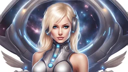 beautiful luminous galactic metallic sexy blond girl realistic full thin body smiling big galactic wings spaceship ufo Lotus posture frontal