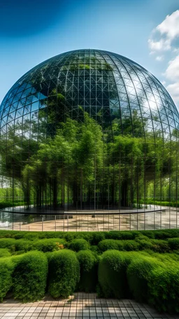 A huge glass structure in the shape of a hemisphere, which is located in the middle of the square of a busy city, and the glass structure is full of various trees and flowers.