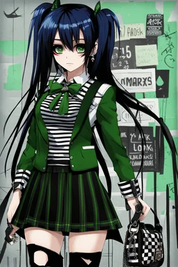 Full body image , punk-goth, schoolgirl chic, Blue Streaks, one cute bag ((hair color is combination of black and white hair)), long hair, straight hair, green skin, big eyesplaid skirt, stripe blouse, Checkerboard Bow, Stitched Jacket, Black Vest, Knee-High Socks, Bolt Necklace, Bolt Earrings, Stitched Dress, Platform Heels, mary jane shoes, Green Skin, Neck Bolts, Pet Watzit, Torn Tights, Electric Personality, sophisticated,, beautiful woman, ((background: school,,)) hyper realistic,