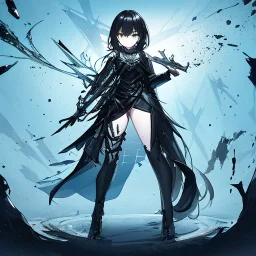 Anime girl with short black hair and sharp green eyes, holding a pike, full body black and white metal plate armour, close full body shot, Dramatic lighting,1woman, soaked in blood, standing pose, lean body, simplistic background