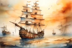 The place where the Dream and its followers live. A reflection of the sky. Watercolor, new year, fine drawing, santa maria ship of christofer columbus and the shooting pirate ship of blackbeard, pixel graphics, lots of details, delicate sensuality, realistic, high quality, work of art, hyperdetalization, professional, filigree, hazy haze, hyperrealism, professional, transparent, delicate pastel tones, back lighting, contrast, fantastic, nature+space, Milky Way, fabulous, unreal, translucent,