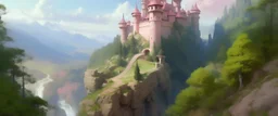 A pale pink castle near a gorge painted by Zosan