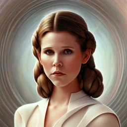 hyperspace background, complete and photo realistic detailed head to waist stunning photo realistic portrait of young carrie fisher as Princess Leia in star wars with photo realistic hairstyle by Mandy Jurgens and mucha and Richard Schmid and chuck close and chie yoshii, extraordinary and detailed ceremony dress of star wars,brown eyes