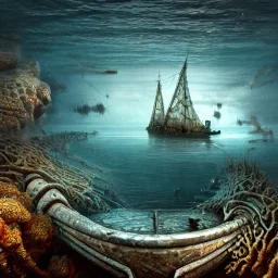 a hyper-realistic sunken ship on ocean floor, abandoned, 8k, high-quality, fine-detail, intricate, sharp, crisp, digital art, detailed matte, illustration, octane render, brian froud, howard lyon, Anne Dittman, Anne Stokes, Lisa Parker, Selina French