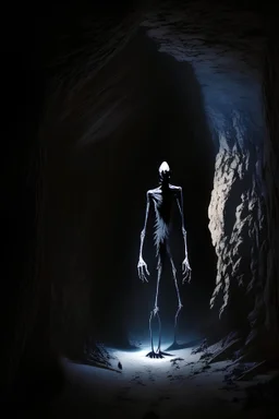 an 8 foot tall faceless and emaciated humanoid standing in the back of a dark cave