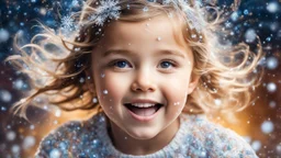 Magical Fantastic young happy child facing camera, Liquid Structure, Flying snowflakes, Splash, Portrait Photography, Fantasy Background, Intricate Patterns, Ultra Detailed, Luminous, Radiance, Joy, Exuberance, Fun, energy, excitement, Ultra Realism, Complex Details, Intricate Details, 16k, HDR, High Quality, Trending On Artstation, Sharp Focus, Studio Photo, Intricate Details, Highly Detailed, perfect anatomy