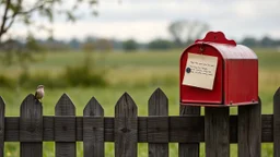 an old wooden fence with a little bird on it, a red old mailbox on the fence, a big note stuck on the mailbox