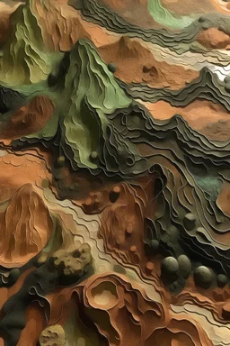 Illustrate a painting made of rich, fertile soil or clay. Within this material, depict the raw potential of creation. Use textures and earthy tones to convey the grounded nature of the material. a paintings that shows earth while using earths materials
