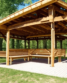 wooden pavillion with benches for park