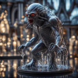 giger escher vampire ogre araknid sculpture in transparent murano glass beeing sprinkled by fountain,bokeh like f/0.8, tilt-shift lens 8k, high detail, smooth render, down-light, unreal engine,bokeh like f/0.8, tilt-shift lens 8k, high detail, smooth render, down-light, unreal engine