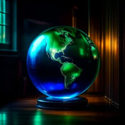 an earth globe looking like a crystal ball on a cushion in a dark room, dark green and blue colors, fantasy atmosphere, photo quality