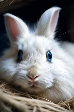 White fluffy rabbit, blue eyes, in his nest with bright eyes90mm lenses,soft, even illumination with minimal shadows