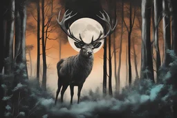 A realistic tattoo of a noble stag in a forest with the moon overhead. Create contrast using the colours black, turquoise and orange also use the colour: #5E8AC3.