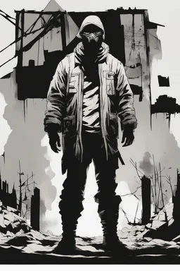 man, standing, silhouette, comic book,post-apocalypse, white background,