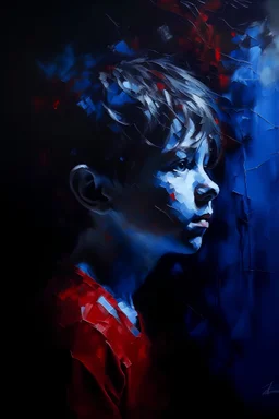 painting a red and blue abstract boy painted in oil on a textured canvas, set against a stark black background, striking contrast, fluidity and grace of the traditional figure --ar 3:4 --style raw