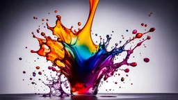 Splash! Multicoloured ink drops diffusing gently into a glass vessel full of water