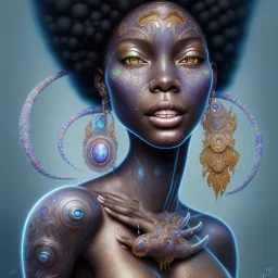 Portrait of black woman psychedelic, smiling, sango fantasy, fantasy magic, intricate, sharp focus, illustration, lot's of grain on the skin, tribal tatoos,highly detailed, digital painting, concept art, matte, masterpiece, one head, high key lighting, volumetric light high details psychedelic background