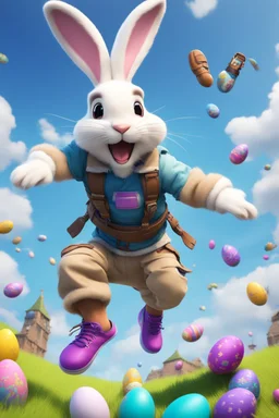 Easter bunny falling from the skye in to a pit animated like he is skydiving in fortnite looks scared