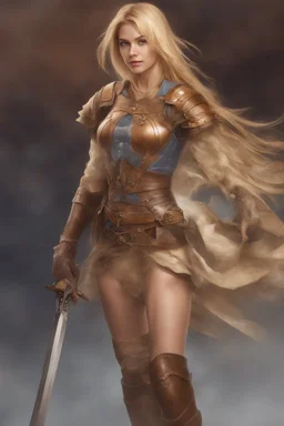 A beautiful woman with blond hair. Brown leather armor.