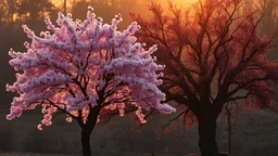 a sakura tree in golden hour lighting sitting next to a dark tree bearing cursed apples