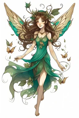 Forest fairy with iridesand teal wings and a cute short leaf dress and pointed ears and multiple vine earings and ear cuffs flying through a mythical forestand brown wavy hair trailing her