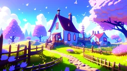 A simple and cute video game environment concept art of a small farm surrounded by nature, the farm has fantasy colours, cute fences,, crops, trees, bubbles, flowers, butterflies, fields, soft and simple, rendered in unreal engine, soft pastel colours, hues, blue, pink, purple, intriguing, peaceful and serene, 3D indie studio