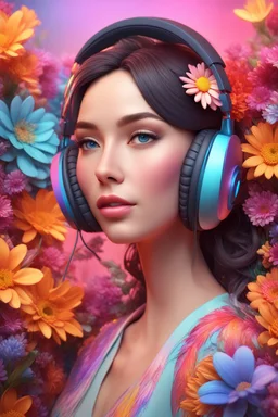 3D illustration of A beautiful woman with headphones on and a deep colorful background with full of colorful flowers, illustration, smooth 3d digital art, exquisite thee-dimensional rendering, 4K, blender, c4d, octane render , disney style 3d light, Zbrush sculpt, concept art, Zbrush high detail, Pinterest Creature Zbrush HD sculpt, neutral lighting, 8k detail