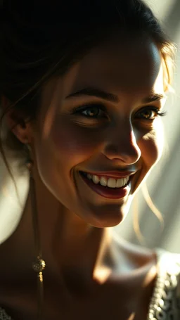 A beautiful eyes of a woman’s smiling? with a long earring . the louds lit by shafts of sunlight that cast dramatic shadows on the beautiful woman High quality 16k cinematic scene and great photography