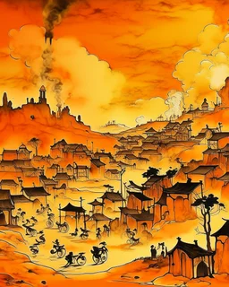 An orange colored western town engulfed in smoke designed in Lascaux cave paintings painted by Lucas van Leyden