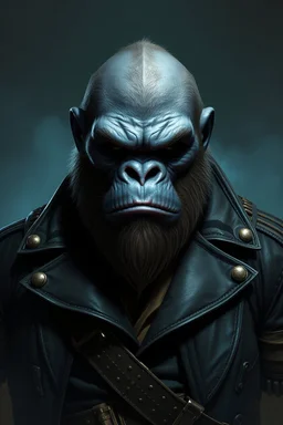 King Kong Bald with beard Human Rogue trader Blue and black commandant Jacket full portrait