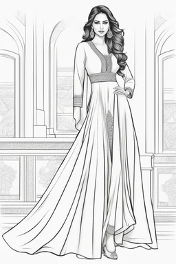 Coloring page for adults of a elegant fashion model woman wearing hindi dress, dynamic poses, full body portrait, thick and clean lines, clean details, no-color, no-turban, no-background, non color, non shading, no-grayscale, dynamic poses, full body portrait, thick and clean lines, clean details, no-color, no-turban, , non background, non color, non shading, no-grayscale, no color hair