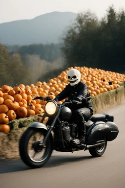 [very impressive high res masterpiece in Kodak Eastman 5247, scene by László Krasznahorkai] a halloween fruit driving a motorbike in a gigantic creamy cake