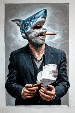 man with catfish shark head smoking a cigarrette in the style of banksy