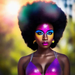 full body shot, masterpiece, best quality, family of three, dark skinned, sparkling eyes, fluorescent skin, colorful makeup, afro, highly detailed body, afrofuturism, scifi, sun light, 4K, RAW, depth of field, high contrast, realistic details, 24mm