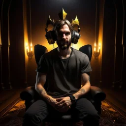 a guy king wearing headphones sitting on a throne in hell