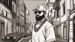 a single man, an Arab from the Middle East, he has a beard, who wears a gold chain, with a t-shirt marked ODK, wears a black baseball jacket with the mark ODK, which bears black sunglasses, with a black baseball cap with the initials ODK. at night, in the city center, at night.