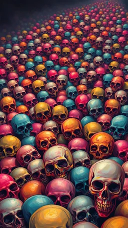 a field of 1000s of cartoonish, anatomically correct, skulls, varying sizes and colors, vivid RANDOM BRIGHT dayglo neon colors, dark comedy, well lit, high detail, photorealistic, horrorcore, fun, scary, dead, not centered on any one skull, macro not microncc 1701 enterprise Macabre Rapture End of days Revelation scene, loose brush stroke matte oil painting, sinner apotheosis, By John Lovett and Zdzislaw Beksinski and Phlegm, diagonal composition, unbalanced, abstract surreal horror, eerie, scar